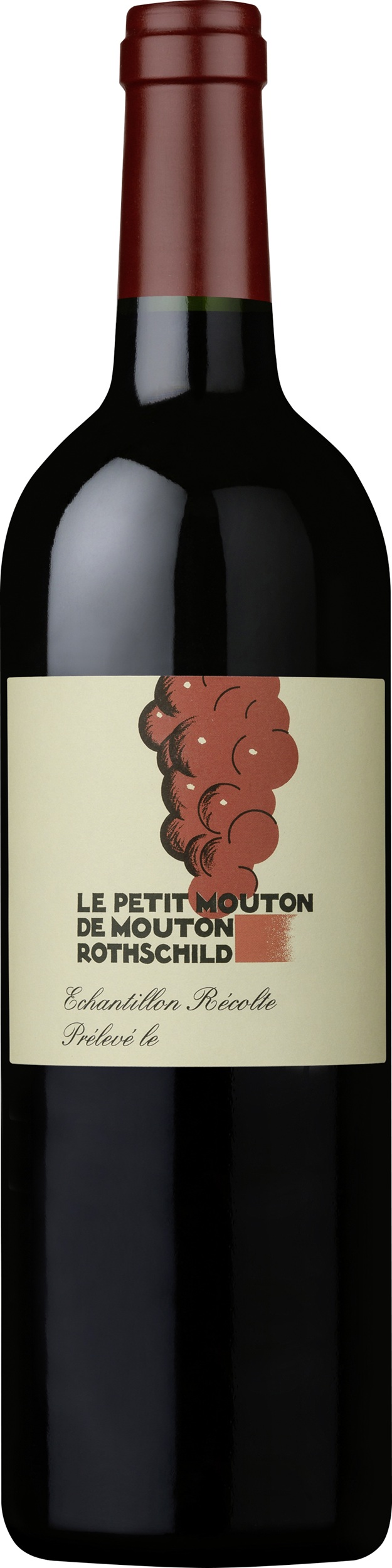 Petit Mouton Eine Weinflasche mit einem schwarzen Glas, rotem Korken und einem Etikett in cremefarben mit der Aufschrift -Le Petit Mouton de Mouton Rothschild-. Das Etikett zeigt eine künstlerische Darstellung von Trauben mit Texten in französischer Sprache.