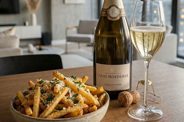 Ein Teller mit Pommes frites, garniert mit Kräutern und Parmesankäse, steht neben einer Flasche Schaumwein und einem Glas Schaumwein auf einem Holztisch in einem modernen Raum.