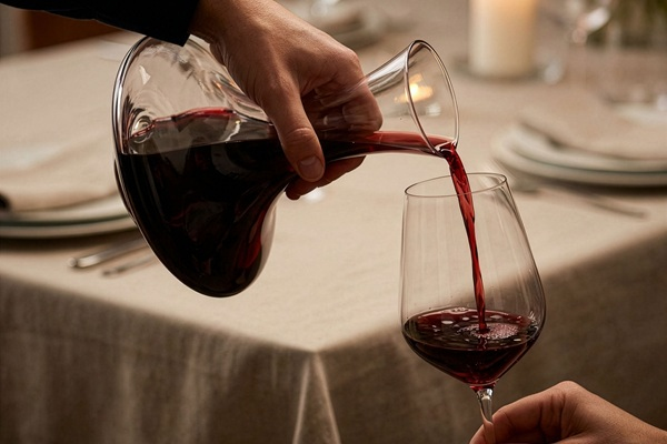 Ein Glas Rotwein wird gehalten, während eine handschriftliche Notiz auf einem Notizblock gemacht wird. Im Hintergrund steht eine Dekantierkaraffe auf einem Holztisch.