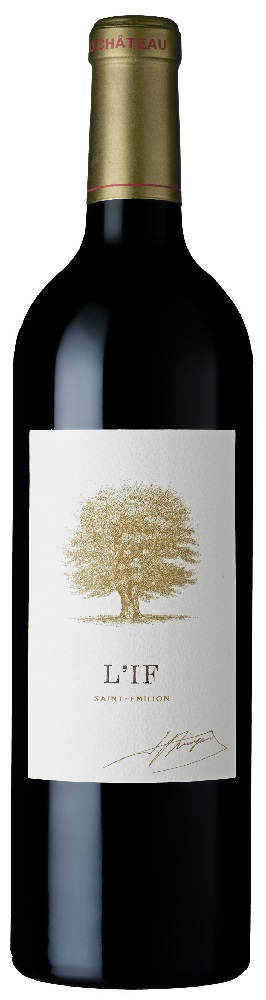 Château L'If Eine rote Weinflasche mit goldfarbenem Schraubverschluss. Das Etikett zeigt einen goldenen Baum und den Schriftzug -L-IF SAINT-ÉMILION- in eleganter Schrift. Der Hintergrund ist schlicht und weiß.