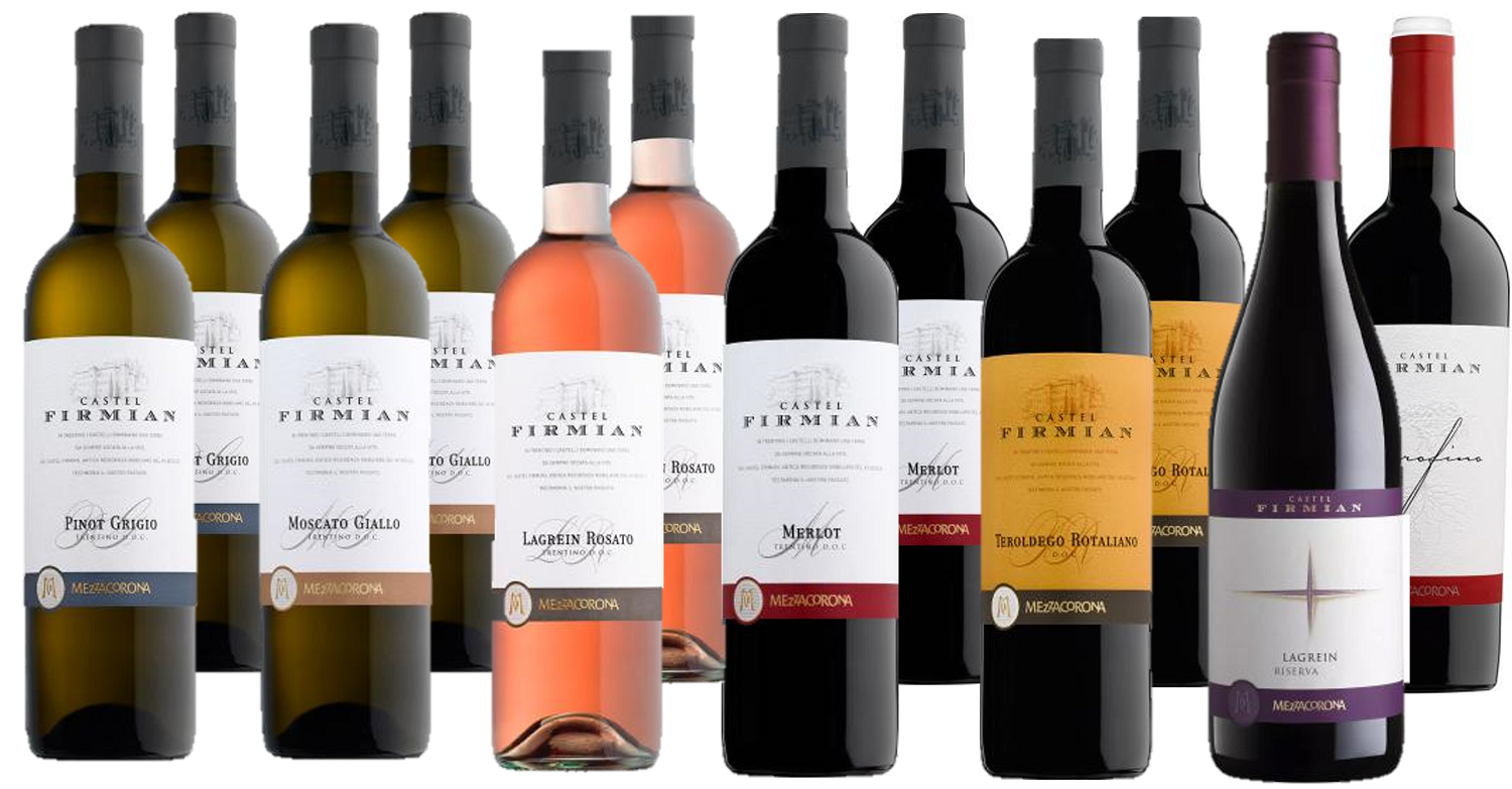 Probierpaket Castel Firmian Zehn Flaschen Wein stehen nebeneinander. Die Flaschen besitzen etiketts mit dem Schriftzug -Castel Firmian- und variieren in Farbe und Art, darunter Weißweine und Rotweine. Der Hintergrund ist neutral.