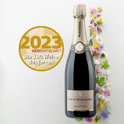 Eine Flasche Louis Roederer Champagner steht aufrecht mit einer blühenden Dekoration aus bunten Blumen neben ihr. Im Hintergrund befindet sich ein goldener Kreis mit dem Text -2023 WEINWIRTSCHAFT Die 100 Weine des Jahres-.