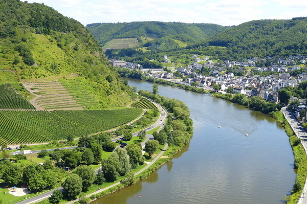 Eine Flusslandschaft mit sanften Hügeln und Weinbergen. Der Fluss schlängelt sich durch die grüne Umgebung, wo sich kleine Orte und Straßen entlang der Ufer verlaufen.