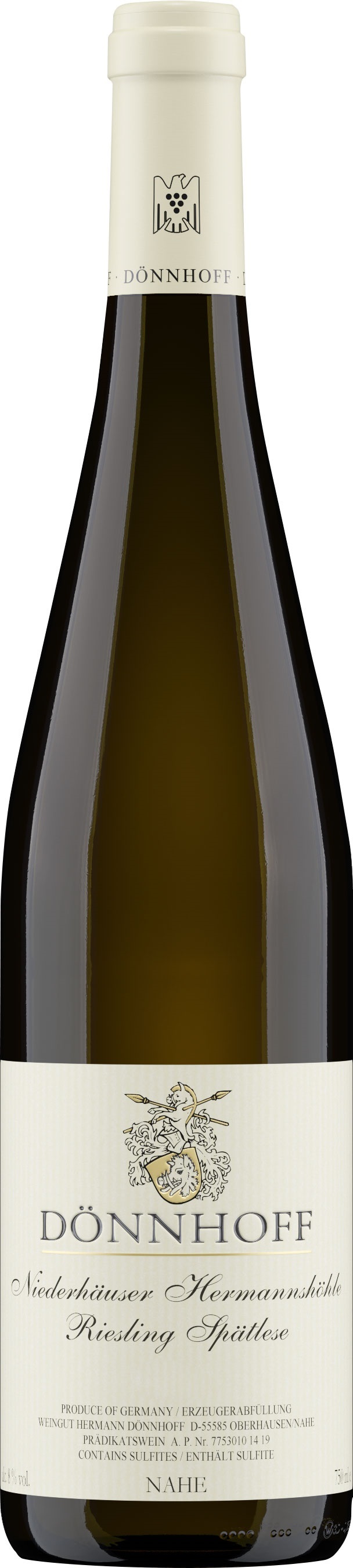 Eine Weinflasche mit einer eleganten Etikettierung. Die Flasche ist von Dönnhoff und enthält Riesling Spätlese. Die Farbe ist grünlich. Textdetails weisen auf Herkunft und Inhaltsstoffe hin.