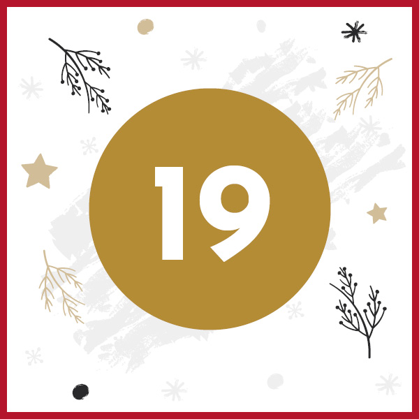 Ein goldener Kreis mit der Zahl 19 in Weiß. Umgeben von festlichen Motiven wie Zweigen, Sternen und Schneeflocken auf einem weißen Hintergrund mit rotem Rand.