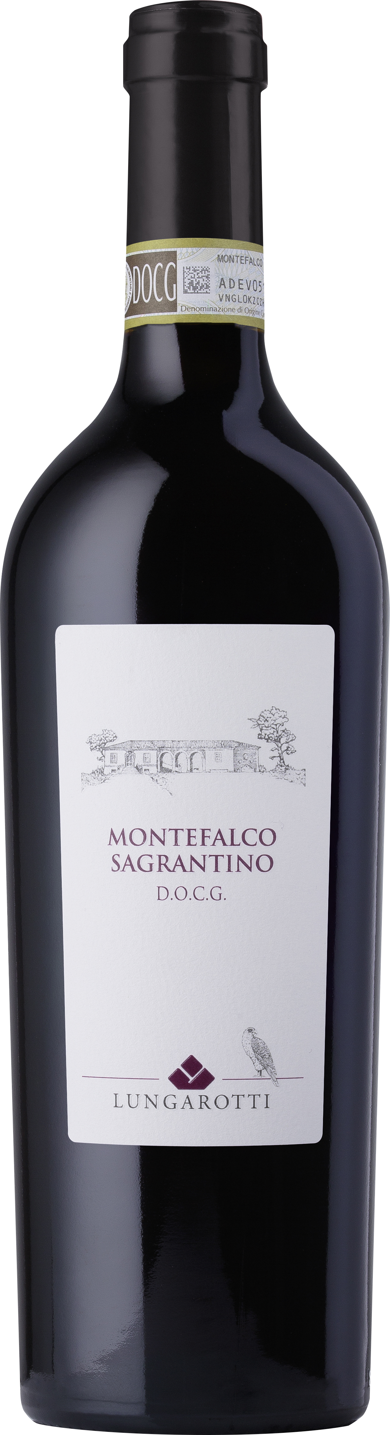 Eine Weinflasche steht aufrecht. Das Etikett zeigt den Namen -Montecfalco Sagrantino D.O.C.G.- und die Marke -Lungarotti-. Die Flasche hat einen dunklen, glänzenden Körper und eine schwarze Kapsel.