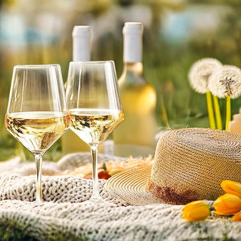 Zwei Weingläser mit weißem Wein stehen auf einem handgewebten Tuch. Im Hintergrund sind Flaschen Wein, gelbe Tulpen und Pusteblumen in einer grünen Wiese sichtbar.