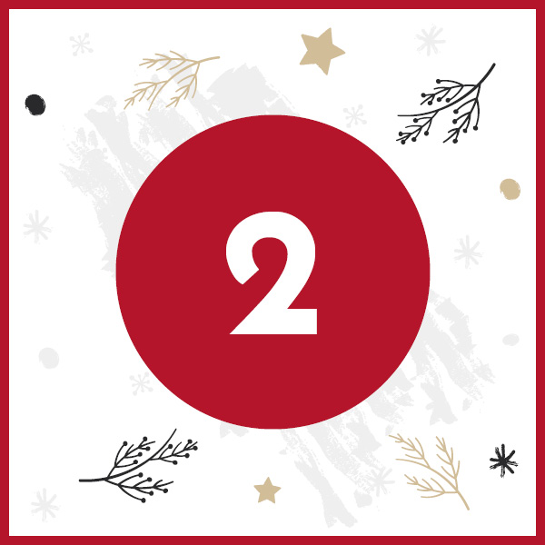 Eine rote Zahl -2- steht im Mittelpunkt eines runden roten Kreises. Umgeben ist sie von winterlichen Motiven wie Zweigen, Sternen und verschiedenen kleinen Punkten auf einem weißen Hintergrund.