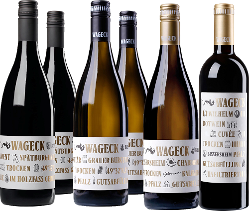 Weinpaket Wageck Pfaffmann - Burgund á la Pfalz Sechs Weinflaschen stehen in einer Reihe: dunkelrote Spätburgunder, helle Grauburgunder und eine schwarze Cuvée, alle mit eleganten Etiketten, die den Namen -Wageck- tragen.