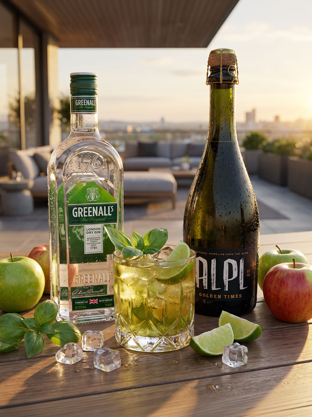 Eine Flasche Gin und eine Flasche Sprudelwein stehen neben einem Cocktailglas. Das Glas enthält ein Getränk mit Eis, Limettenscheiben und frischem Basilikum. Im Hintergrund ist eine Terrasse mit Stadtblick.