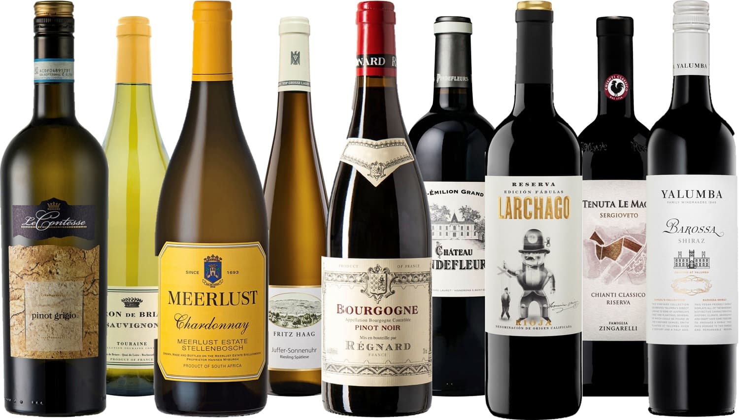 Eine Auswahl von zehn Weinflaschen steht nebeneinander. Die Flaschen sind aus verschiedenen Regionen, mit unterschiedlichen Etiketten und Farben, die sowohl Weisse als auch Rote Weine repräsentieren.