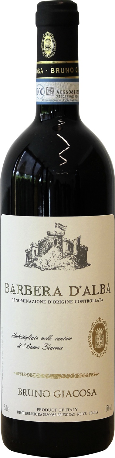 Barbera d'Alba Eine Flasche Barbera d-Alba Wein mit einer eleganten Etikette. Der Name -Bruno Giacosa- ist prominent, umgeben von einem stilisierten Burgmotiv und Informationen zur Herkunft.