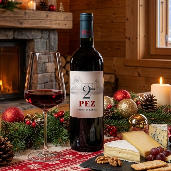 Eine Flasche Rotwein steht neben einem Glas, das mit Wein gefüllt ist. Umgeben von Käse, Nüssen, festlichen Ornamenten und einer Kerze, befindet sich die Szene in einem gemütlichen, holzverkleideten Raum mit Kamin.