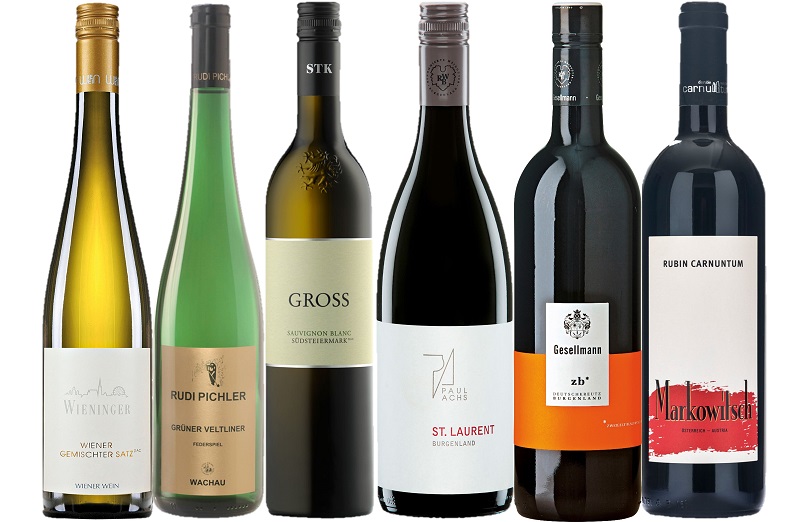 Weinpaket Weinreise Österreich Sechs Weinflaschen stehen aufgereiht. Jede Flasche hat ein individuelles Design und Etikett, das unterschiedliche Weinsorten aus Österreich repräsentiert, darunter Grüner Veltliner und St. Laurent.