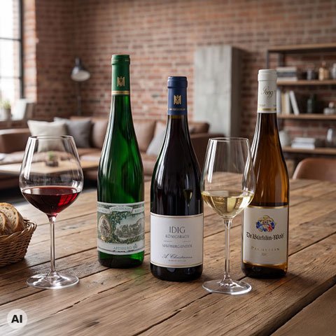 Drei Weinflaschen stehen auf einem Holzregentisch, neben zwei Weingläsern, eines mit rotem und eines mit weißem Wein. Im Hintergrund sind eine Backware und eine moderne Fensterfront sichtbar.