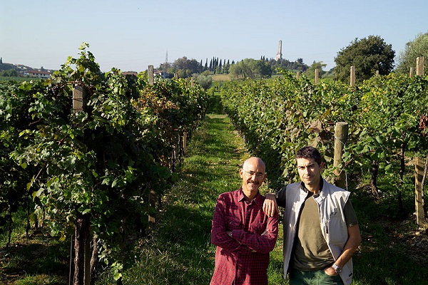 Zwei Männer stehen lächelnd zwischen Weinreben in einem Weingarten. Im Hintergrund sind sanfte Hügel und eine Turmstruktur sichtbar, unter blauem Himmel mit ein paar Wolken.