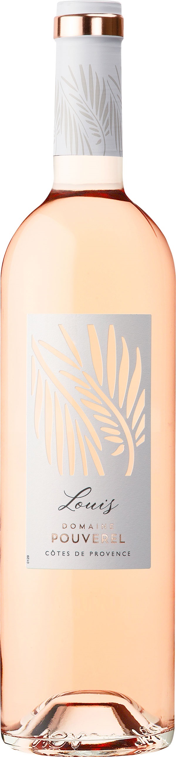 Eine Flasche Roséwein mit einem dekorativen, hellen Etikett. Das Etikett zeigt einen eleganten Pflanzenmuster und den Schriftzug -Louis Domaine Pouverel Côtes de Provence-. Der Flaschenhals ist mit einer Kupferrandverzierung versehen.