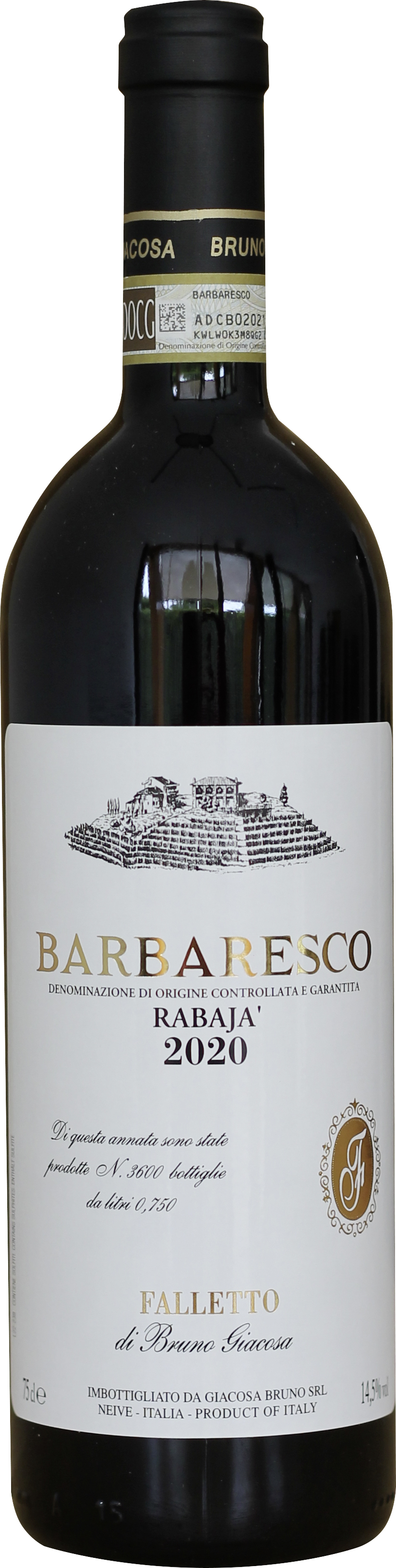 Barbaresco Rabaja Ein Weinflasche mit schwarzem Korken, etikettiert als -Barbaresco Rabajà 2020-. Das Etikett zeigt goldene Schriftzüge, mit Angaben zur Herkunft und dem Hersteller -Giacosa Bruno SRL- aus Neive, Italien.