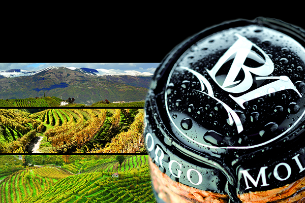 Ein Champagnerkorken mit Wassertropfen steht im Vordergrund, während im Hintergrund grüne Weinberge und Berge zu sehen sind, die eine malerische Landschaft bilden.