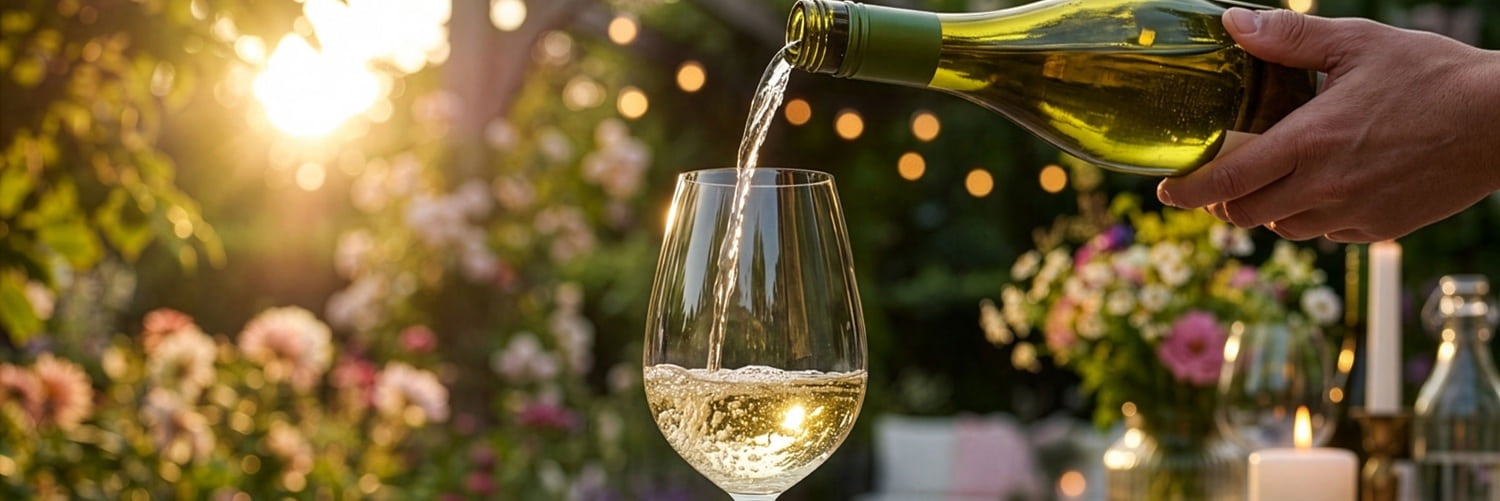 Ein Glas wird mit einem sprudelnden Getränk aus einer Flasche gefüllt. Im Hintergrund sind grüne Weinreben zu sehen, bei natürlichem Licht.