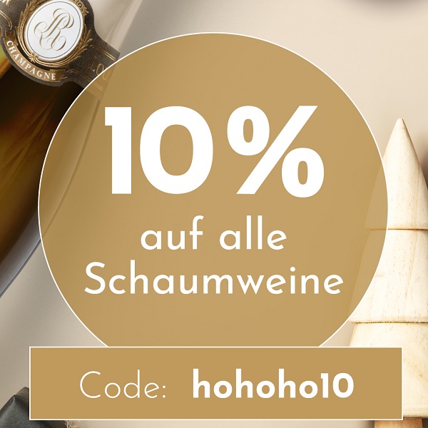 Ein runder, goldfarbener Hintergrund hebt den Text hervor: -10% auf alle Schaumweine-. Darunter steht der Gutschein-Code -hohoho10-. Ein Flasche Champagner und dekorative Elemente sind im Bild zu sehen.