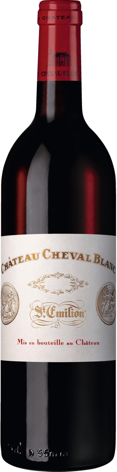 Eine Flasche Rotwein mit einem roten Korken, etikettiert mit -Château Cheval Blanc- und -St. Émilion-. Die Etikette zeigt goldene Schrift und dekorative Motive.