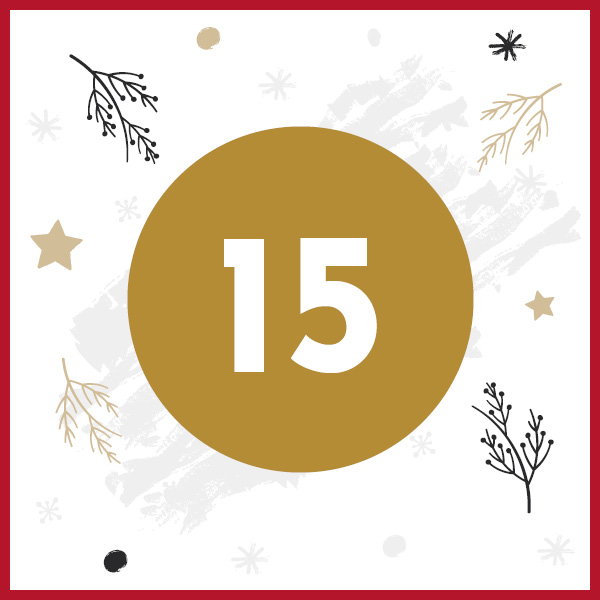 Ein runder, goldfarbener Hintergrund trägt die Zahl 15 in großen, weißen Ziffern. Umgeben von feinen, schwarzen und goldenen Zweigen sowie kleinen Sternen und Schneeflocken auf einem weißen Hintergrund.