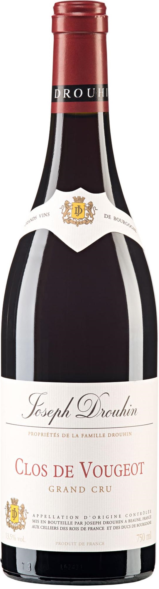 Clos de Vougeot Eine Weinflasche von Joseph Drouhin mit rotem Wachssiegel. Das Etikett zeigt den Namen -Clos de Vougeot Grand Cru- und Angaben über das Produktvolumen und die Herkunft.