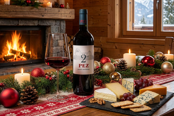 Rotwein steht in einem Glas neben einer Flasche auf einem rustikalen Tisch. Dazu gibt es verschiedene Käsesorten, Trauben und Crackern. Im Hintergrund brennt ein Kamin, geschmückt mit Weihnachtsdekoration.