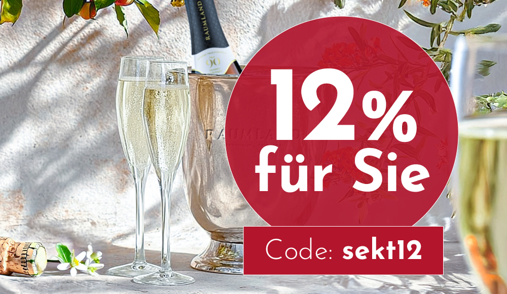 Zwei Sektgläser stehen neben einem Eiseimer mit Sektflasche. Auf einer Tischoberfläche befindet sich ein Korken und eine Blume. Ein Rabatt von 12 % wird beworben, Code: sekt12.