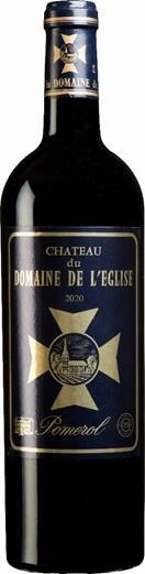 Eine Weinflasche mit einem schwarzen und goldenen Etikett. Der Name -Chateau du Domaine de l-Eglise- und das Jahr -2020- sind deutlich sichtbar. Die Flasche zeigt eine elegante Form und steht auf einem neutralen Hintergrund.