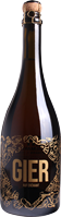 Eine Flasche mit einem schmalen Hals, dunkelbraunem Glas und einem Korken. Das Etikett ist mit goldener Schrift versehen und trägt den Namen -GIER-, umgeben von einem dekorativen Muster.
