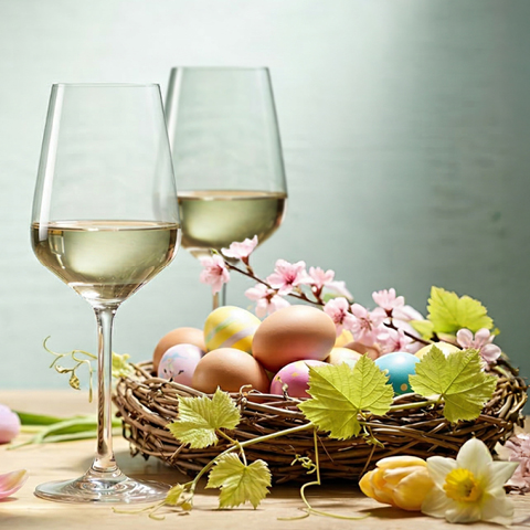 Zwei Weingläser stehen hinter einem Korb mit bunten Ostereiern, umgeben von Blumen und grünen Blättern, auf einem hölzernen Tisch. Die Szene strahlt Frühlingsstimmung aus.