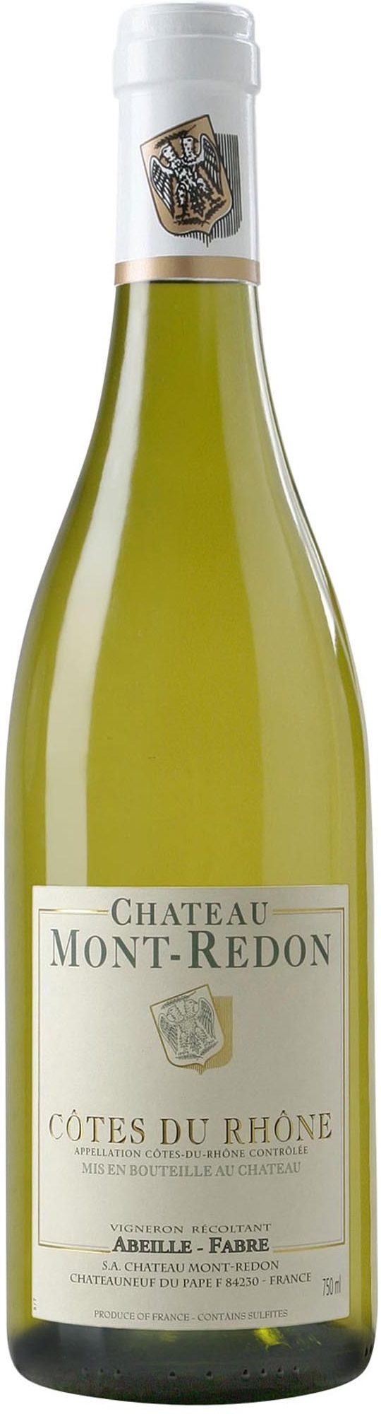 Eine Flasche Wein steht im Vordergrund, etikettiert mit -Chateau Mont-Redon- und -Côtes du Rhône-. Die Flasche hat eine grüne Farbe und eine weiße Kappe. Der Hintergrund ist unscharf.