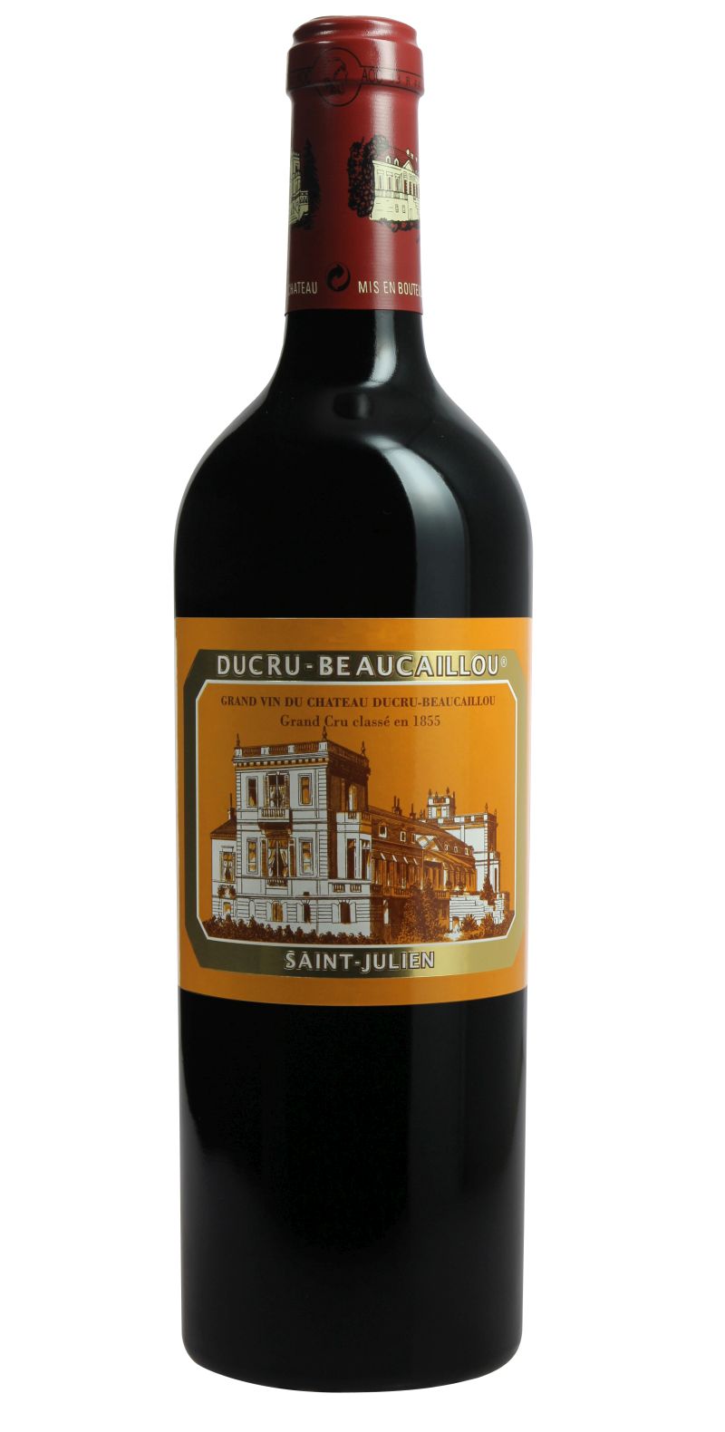 Château Ducru-Beaucaillou Eine rot beschriftete Weinflasche mit einem goldenen Etikett. Das Etikett zeigt den Namen -DUCRU- BEAUCAILLOU-, das Jahr der Klassifizierung 1855 und die Herkunft -SAINT-JULIEN-.