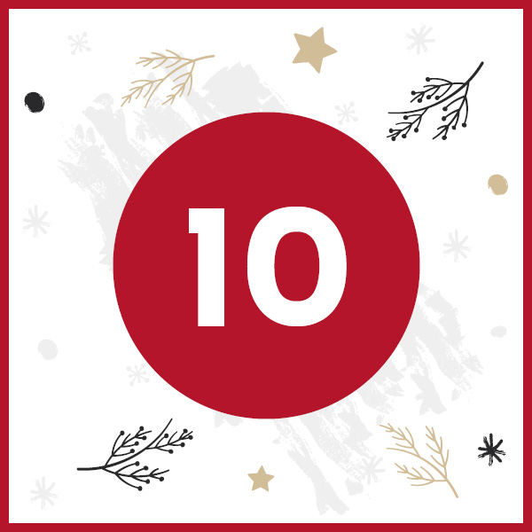 Ein roter Kreis mit der Zahl -10- in der Mitte, umgeben von goldenen und schwarzen Sternen sowie zarten Zweigen. Der Hintergrund ist in sanften, schneeflockenartigen Mustern gestaltet.