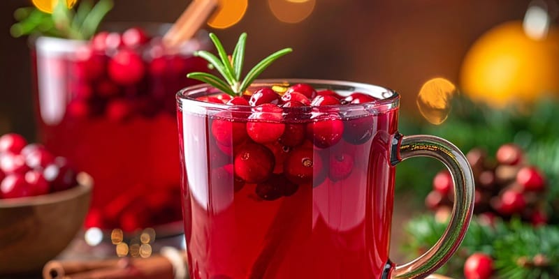 Zwei transparente Tassen mit einem roten Getränk, garniert mit einer orangefarbigen Scheibe, Cranberries und Sternanis. Im Hintergrund sind grüne Zweige und getrocknete Orangenscheiben sichtbar.