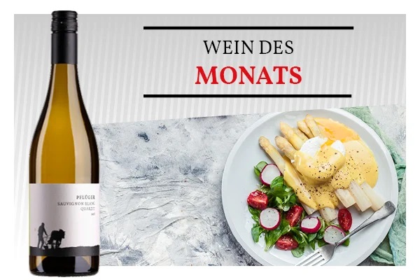 monatsaktion_mai_600px_2(1) Ein Flasche Sauvignon Blanc steht links, umgeben von einem grauen Hintergrund. Rechts liegt ein Teller mit Spargel, Sauce und einem bunten Salat. Darüber steht -WEIN DES MONATS-.