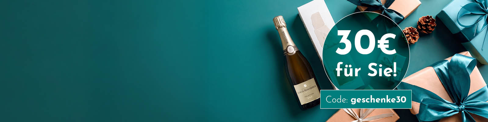 Eine Flasche Sekt steht auf einem tealfarbenen Tisch. Daneben liegen Geschenke mit Schleifen. Der Text -30€ für Sie! Code: geschenke30- ist deutlich sichtbar.