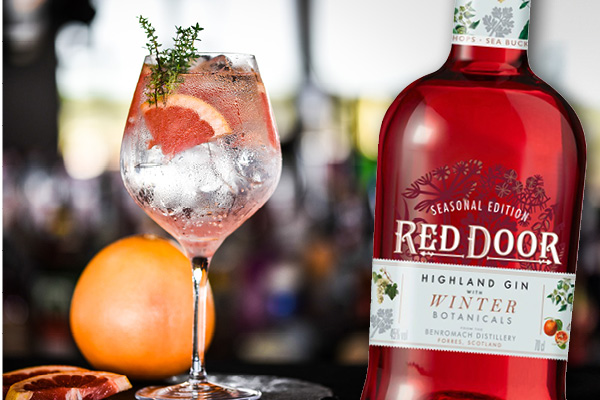 SDM_Februar_600 x 400_04 Ein Glas mit Tonic Water, Eiswürfeln, Grapefruitschalte und einem Zweig Kräuter steht vor einer Flasche Rotem Gin. Im Hintergrund sind verschwommene Bar-Elemente zu sehen.