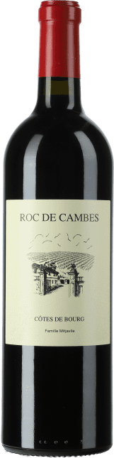 Château Roc de Cambes Eine Flasche Rotwein steht aufrecht, mit einem etiketierten Design. Das Etikett zeigt den Text -ROC DE CAMBES- sowie -CÔTES DE BOURG-. Der Korken ist rot und die Flasche hat eine schlanke Form.