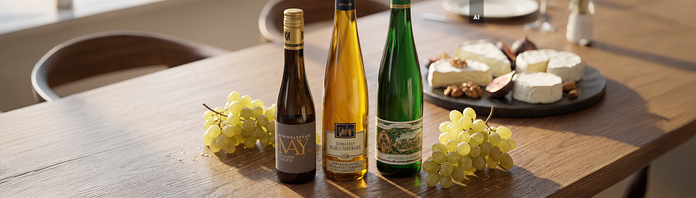 Auf einem Holztisch stehen drei Flaschen Wein mit Etiketten, umgeben von Trauben. Im Hintergrund befinden sich Käse und Nüsse auf einem runden Teller.