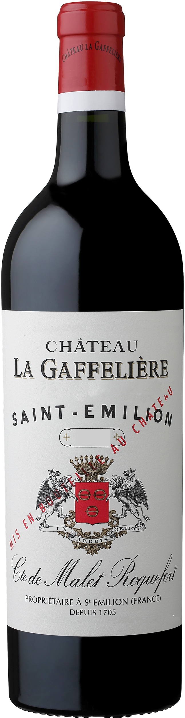 Château La Gaffelière Eine rotweinflasche mit einem roten Kapselverschluss. Das Etikett zeigt den Schriftzug -Château La Gaffelière- und -Saint-Émilion-, darunter ein Wappen. Darunter steht -Cte de Malet Roquefort- und -Propriétaire à St Émilion (France) depuis 1705-.