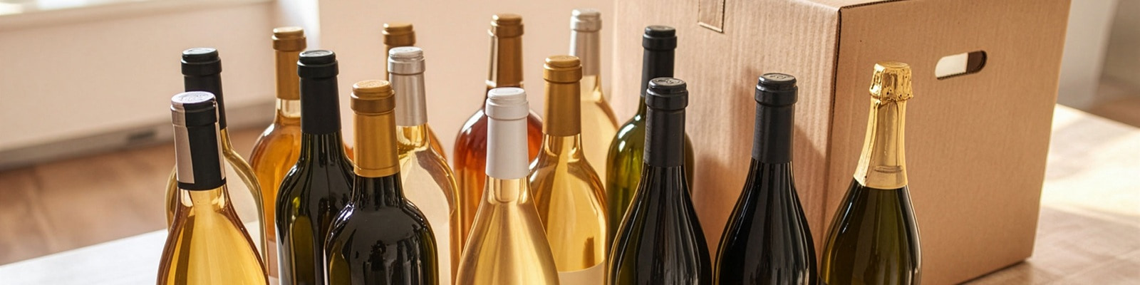 Drei Weinflaschen stehen in einem offenen Karton. Im Hintergrund sind Tische mit Stühlen in einem Restaurant und einige Pflanzen sichtbar.