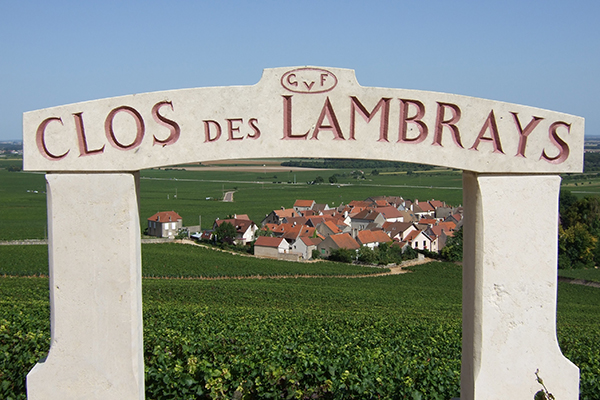 Ein weißes Schild mit der Aufschrift -CLOS DES LAMBRAYS- steht an einem Weinberg. Im Hintergrund sind grüne Weinreben und ein Dorf mit roten Dächern sichtbar.