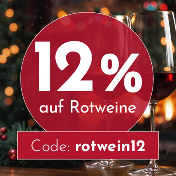 12 % Rabatt auf Rotweine mit dem Code: rotwein12. Im Hintergrund sind verschwommene Lichter und Weingläser, die eine festliche Atmosphäre schaffen.