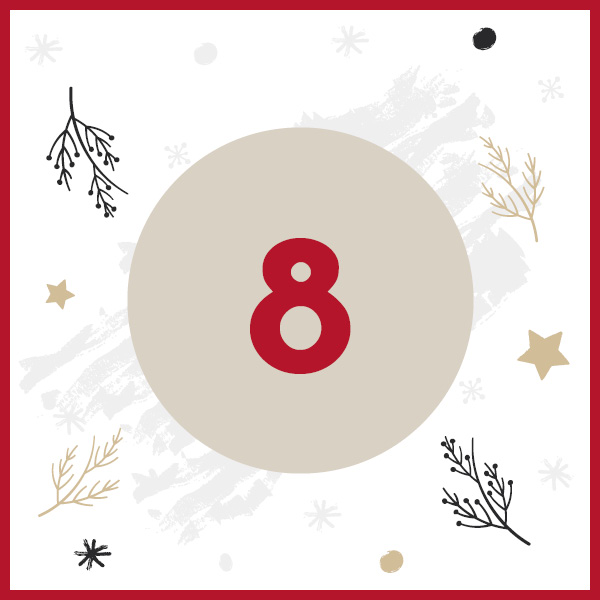 Ein runder, graufarbener Hintergrund mit der Zahl -8- in rot steht im Mittelpunkt. Umgeben ist dies von stilisierten, dekorativen Zweigen und Sternen auf einem weißen Hintergrund.