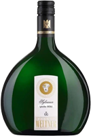 Ein großer, runder Flasche Wein mit grünem Glas steht auf einem neutralen Hintergrund. Das Etikett zeigt den Namen -Weltner- und weitere Details in Weiß und Gold.