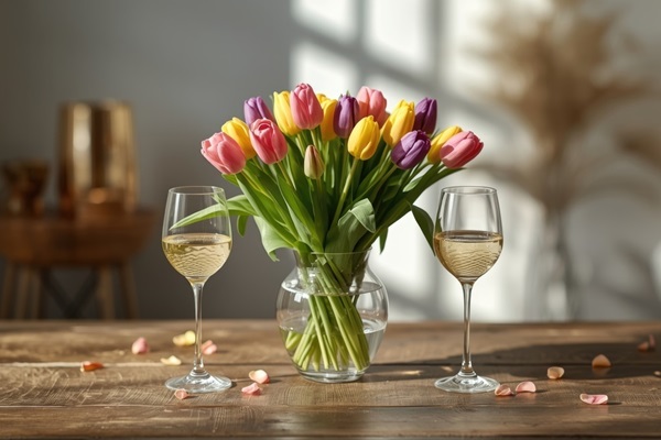 Eine Vase mit bunten Tulpen steht auf einem Holztisch. Neben der Vase stehen zwei Weingläser mit einem hellen Getränk. Rosenblütenblätter sind auf dem Tisch verteilt, und es gibt sanftes Licht im Hintergrund.