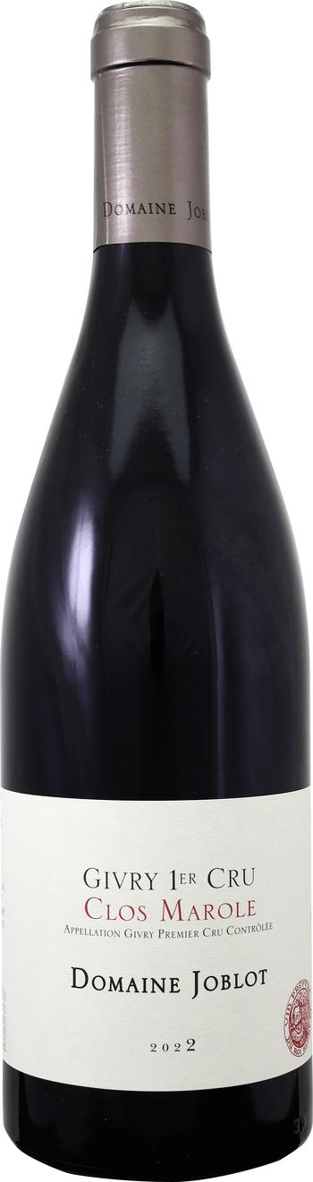 Eine Weinflasche mit kernigem schwarzem Glas und einem silbernen Verschluss. Das Etikett zeigt -Givry 1er Cru Clos Marole-, -Domaine Joblot- und -2022- in elegantem, klaren Text.